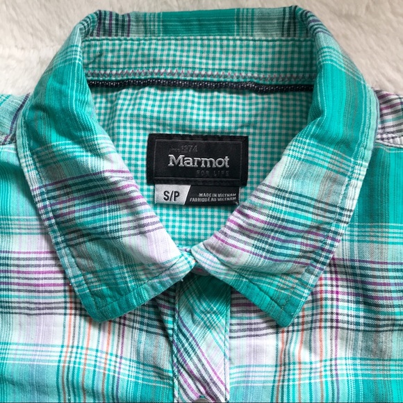 Marmot Plaid Button Up Long Sleeve Shirt Size Small Teal Nylon Outdoor Hiking - Picture 3 of 16